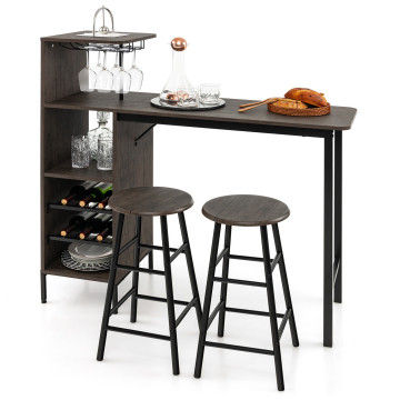 3 Piece Bar Table and Chairs Set with 6-Bottle Wine Rack